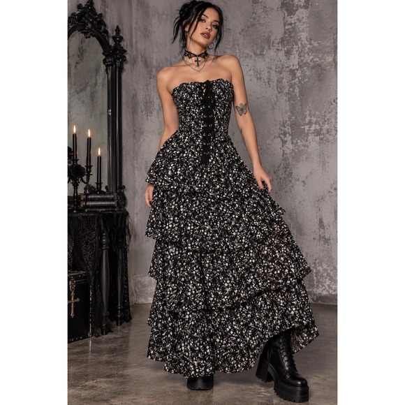Vici Dresses & Skirts - VICI x Gina Black Floral Strapless Corset Lace Up Tiered Maxi Dress